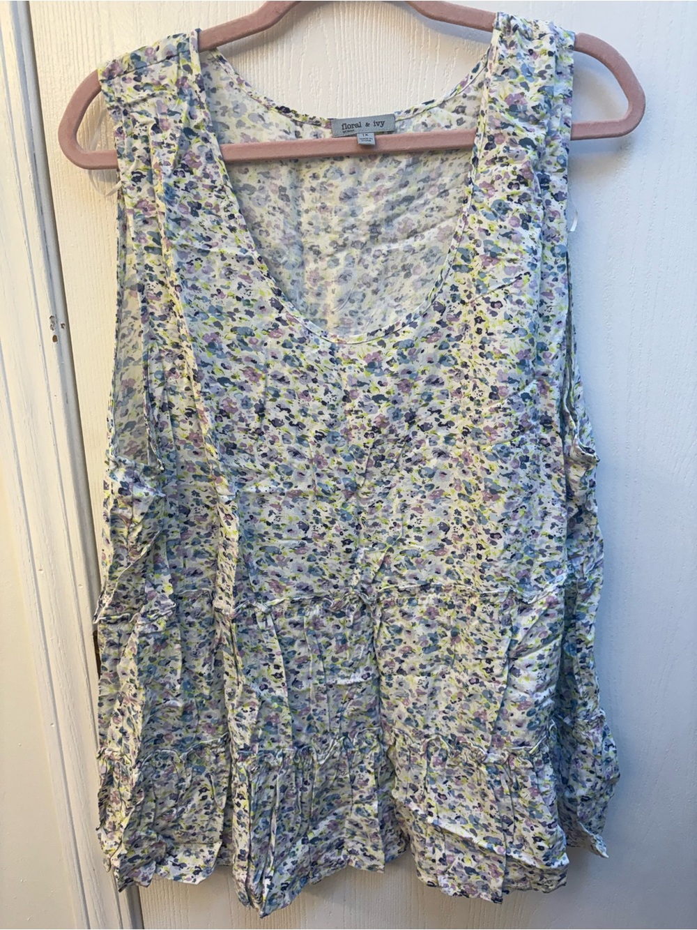 🛑  2/$15 Floral Ruffle Sleeveless Camisole by Floral & Joy - White with Purple a